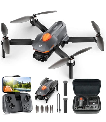 Foldable FPV drone with camera, orange accents and four propellers; comes with controller and case