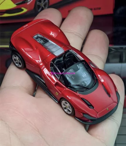 Red 1:64 racing sports diecast model car with open hood detailing