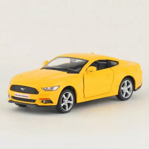 Yellow 1:36 scale Ford Mustang diecast model car, front three-quarter view