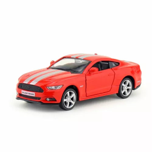 Red Ford Mustang diecast model car with white racing stripes