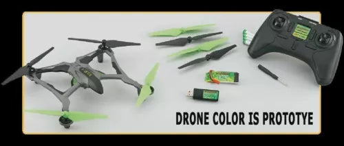 Quadcopter drone with green propellers and handheld controller, dark body