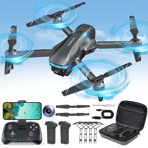 Gray quadcopter drone with camera, propellers, remote controller and accessory case