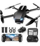 Quadcopter drone with built-in camera, four propellers, and remote controller with screen