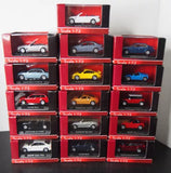 Assorted 1:72 diecast metal cars in red retail boxes, each with visible model