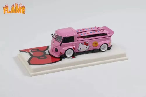 1/64 scale pink VW T1 RWB pickup diecast model car with Hello Kitty decals