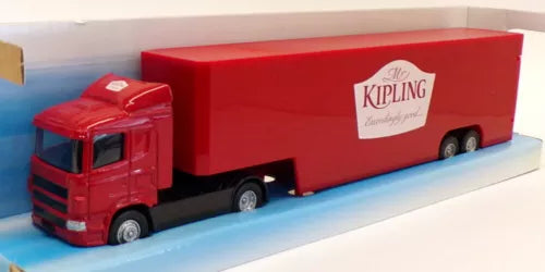 Red diecast box truck model with Kipling logo, 1/64 scale