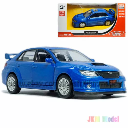 1:36 Subaru WRX STI diecast alloy model car, blue hot hatch, front 3/4 view
