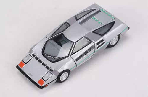 Silver diecast car model with black windows and green stripe details