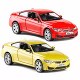 Diecast BMW M4 model cars, red and yellow 2-door coupes, silver wheels