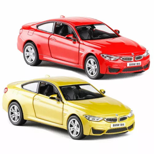 1:36 scale diecast model toy car set, red and yellow BMW M4 coupe