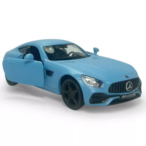 Matte blue diecast model car with open door, front 3/4 view