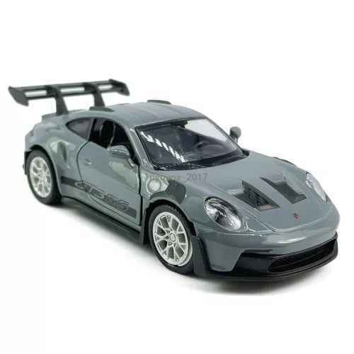 Gray diecast model race car with rear wing and front splitter, 1:36 scale