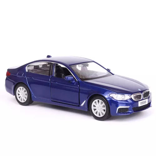 1:36 scale blue BMW M550i diecast model car, front 3/4 view