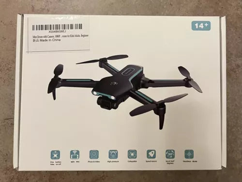 Collapsible quadcopter drone with 1080P HD FPV camera shown on retail box