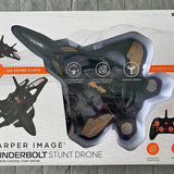 Stunt drone with transparent body, orange accents, and controller icon panel