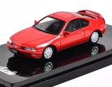 Red diecast sports coupe model car with silver wheels, 1:64 scale