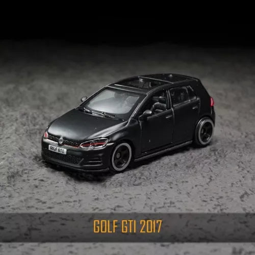1:64 scale black 2017 Golf GTI hatchback diecast metal car toy, front 3/4 view