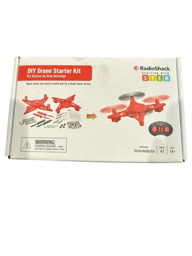 RadioShack DIY Drone Starter Kit box with quad rotor build parts and remote