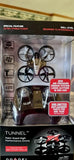 Palm-sized tunnel drone in retail box, compact frame with four propellers