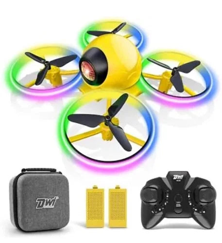Yellow mini quadcopter drone with three-blade propellers, plus controller and carrying case