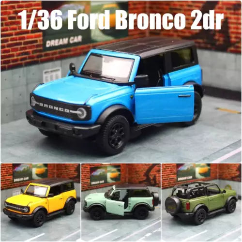 1:36 Ford Bronco diecast model car, blue SUV with open driver-side door