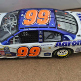Diecast race car model in blue and white with large orange 99 numbers
