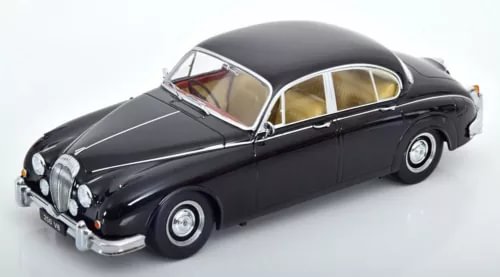 Black diecast classic coupe model car with chrome grille and wheels, side 3/4 view