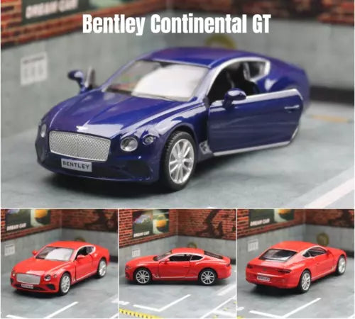 Metal diecast toy car model, blue Bentley Continental GT with chrome grille and wheels