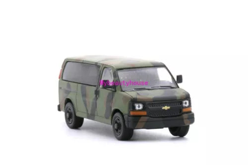 Metal diecast van toy with green camo livery, front 3/4 view