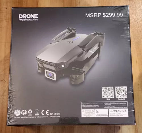 Obstacle-avoiding gray quadcopter drone with camera, retail box