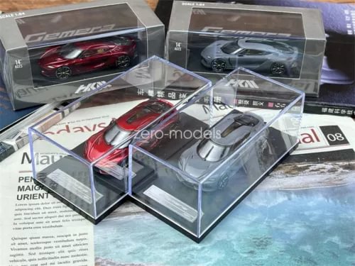 Red and gray 1:64 scale diecast toy cars in clear display boxes