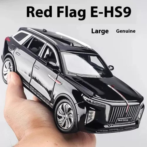 Black SUV diecast car model with front grille and headlights, Red Flag E-HS9 style