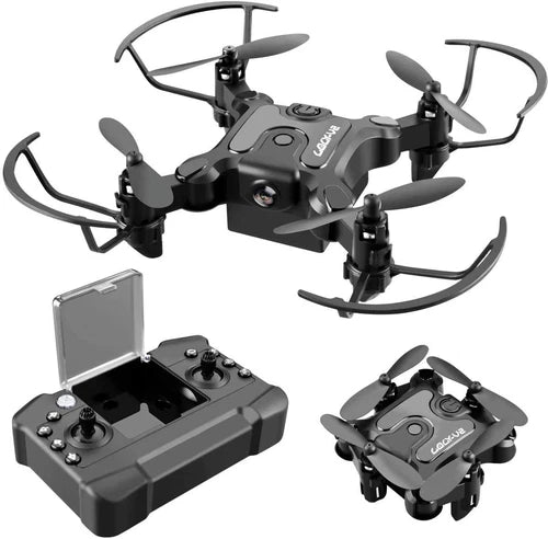 Foldable mini drone with foldable propellers and handheld remote controller, dark gray