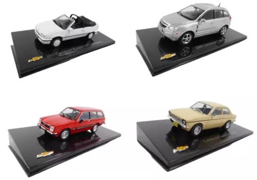 Set of 4 diecast model cars on display bases: red, beige, silver, white/black