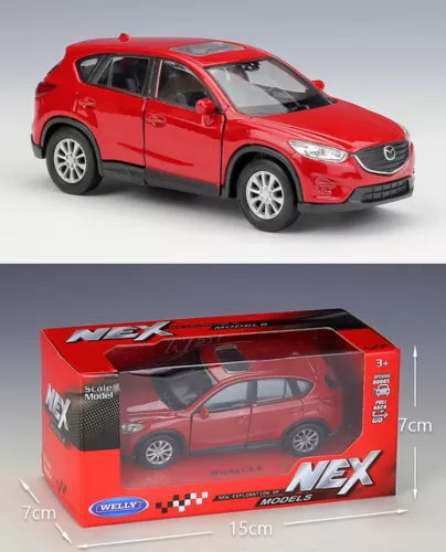 Red alloy diecast SUV model in retail box, front 3/4 view