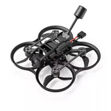 Brushless whoop quadcopter drone with front camera, black frame, four prop guards, antenna