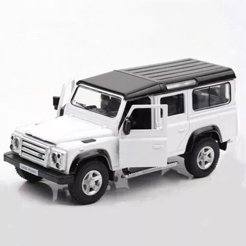 Land Rover Defender diecast model car, white with black roof, front doors open