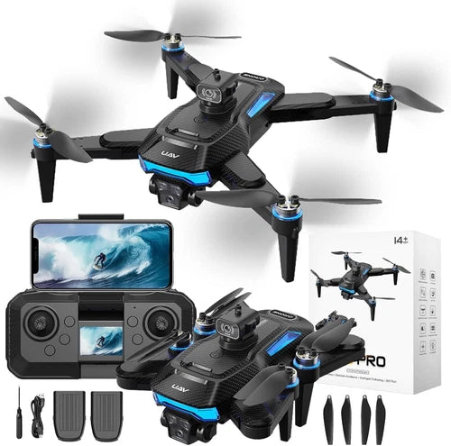 Quad drone with 4K camera, black body, blue accents, and four propellers