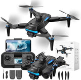 Quad drone with 4K camera, black body, blue accents, and four propellers