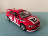 Kinsmart Mitsubishi Lancer Evolution VII diecast rally car, 1:36, red with white hood