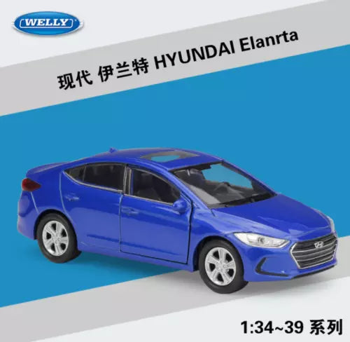 Welly 1:36 Hyundai Elantra blue diecast sedan model car, front 3/4