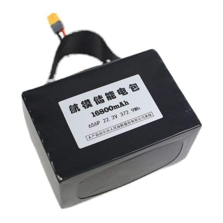 Rechargeable lithium-ion battery pack with black casing and connector cable, front label visible