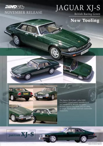 Green diecast Jaguar XJ-S model car in display box, front and side views