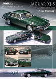 Green diecast Jaguar XJ-S model car in display box, front and side views