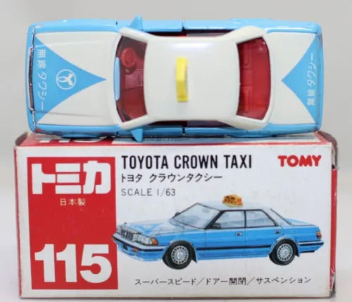 Blue diecast Toyota Crown Taxi model car in box, scale 1/63, TOMY, #115