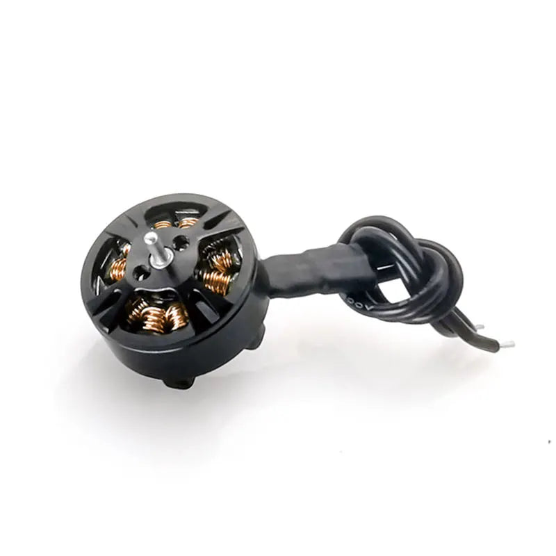 Brushless drone motor with wiring harness and mounting base, compact circular design