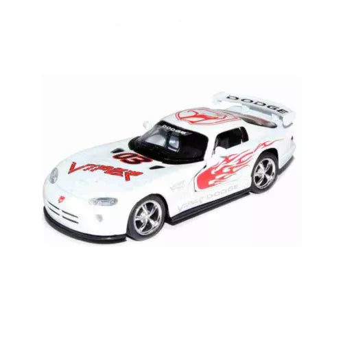 White diecast sports car toy with red racing graphics, black windows, pull-back 1:36