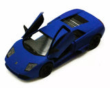 Blue diecast sports car model with open door, front three-quarter view.