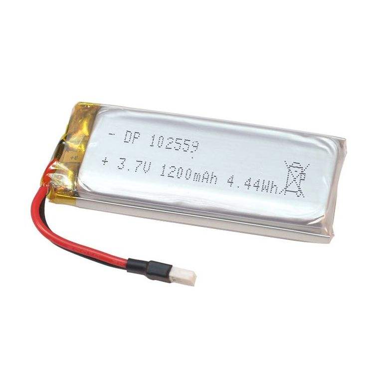 Small lithium polymer pouch battery with 3.7V label and red/black wire leads.