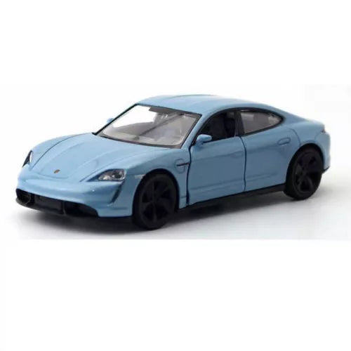 1:36 Porsche Taycan Turbo S diecast model car, light blue, front 3/4 view